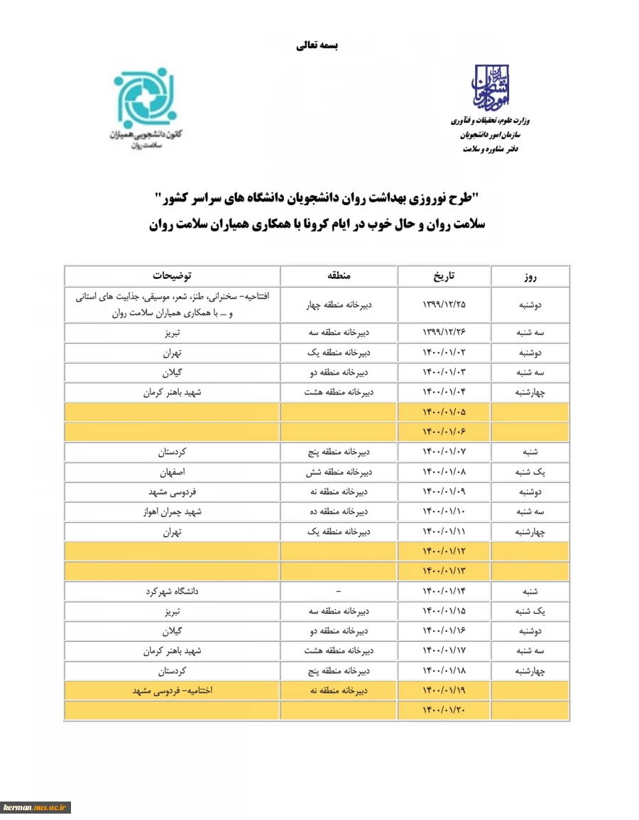 طرح نوروزی بهداشت روان دانشجویان دانشگاه های سراسر کشور با محوریت سلامت روان 2