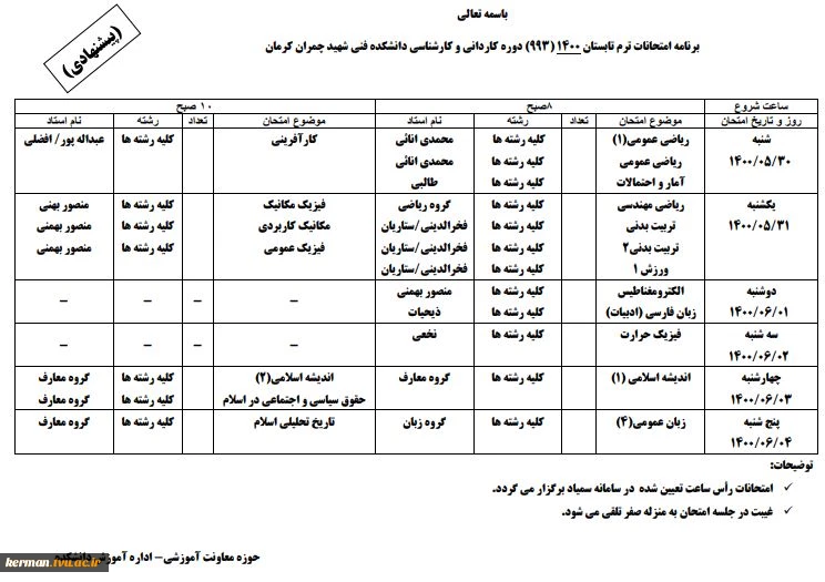 برنامه امتحانات پایان ترم تابستانی 1400 2